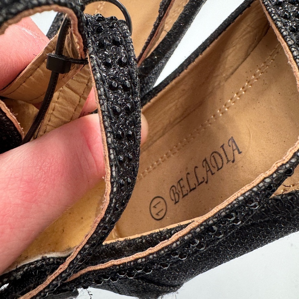 Belladia Toddler Girl Size 11 Chic Black Kids Gem Stone Dress Shoes with Straps - Picture 6 of 6